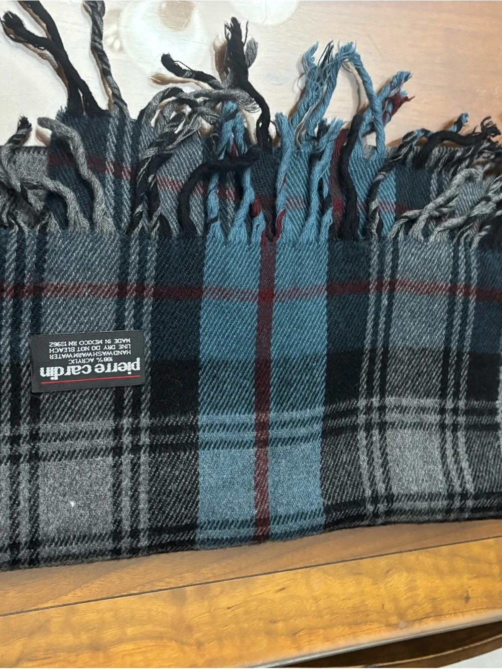 Authentic Pierre Cardin Black, Blue & Gray Plaid Scarf with Burgundy Accents